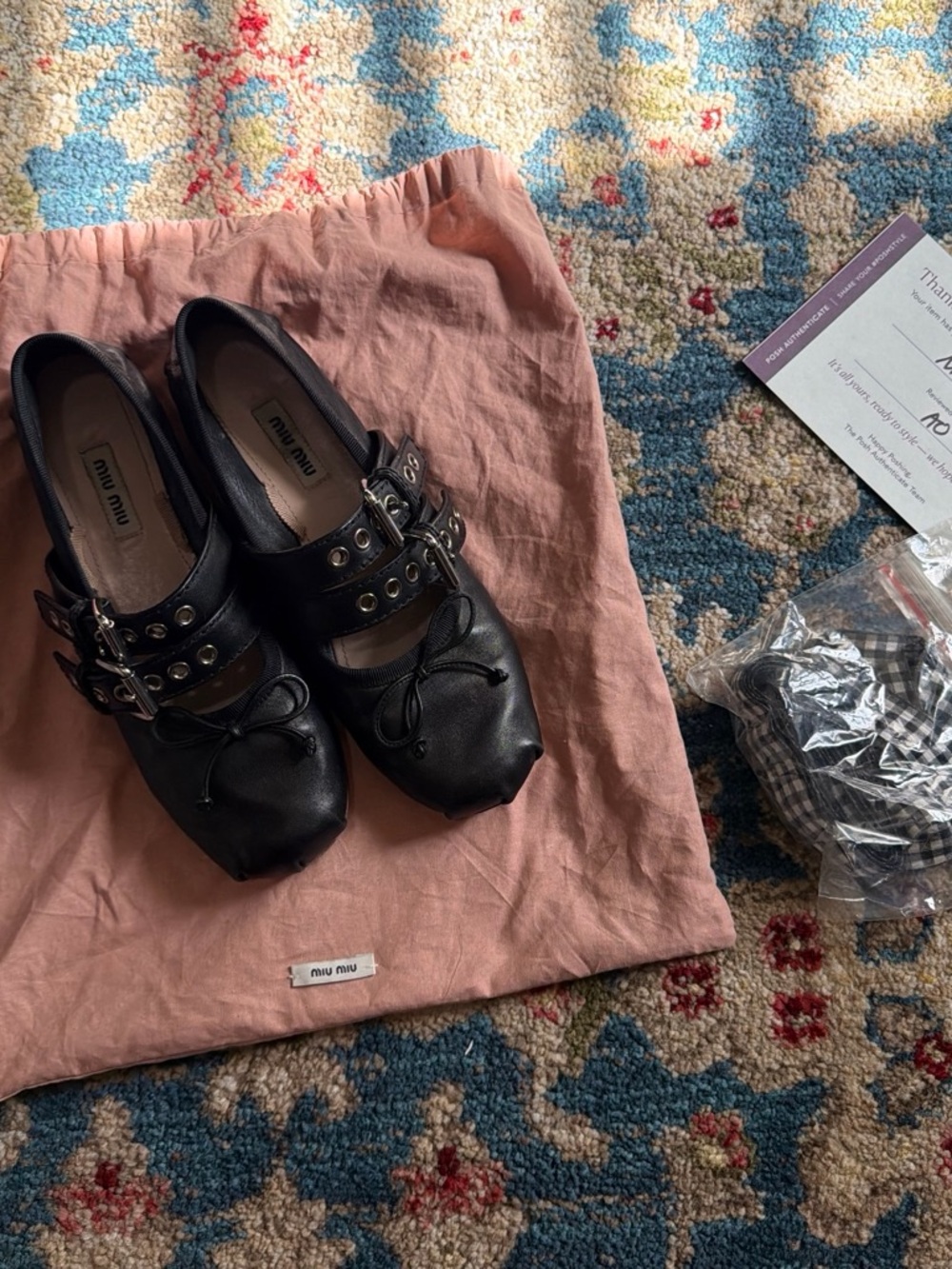 Miu Miu Black Leather Buckle & Bow Flats